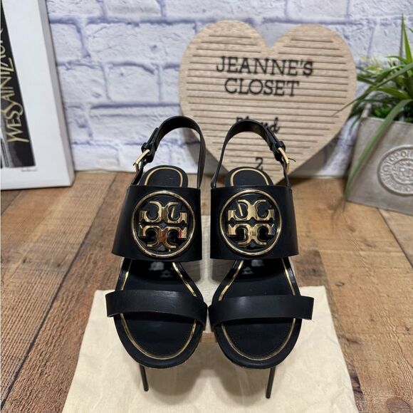 Tory Burch Black Leather Metal Miller Slingback Wedge Sandals
